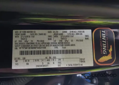 2022 Ford F-150 Lariat from USA, damaged, VIN 1FTFW1E58NFA53150